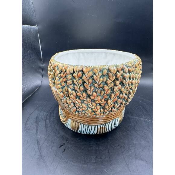 Vintage Wheat Sheath with Bow Ceramic Planter Majolica Style 8.5 Inches China - Picture 3 of 10